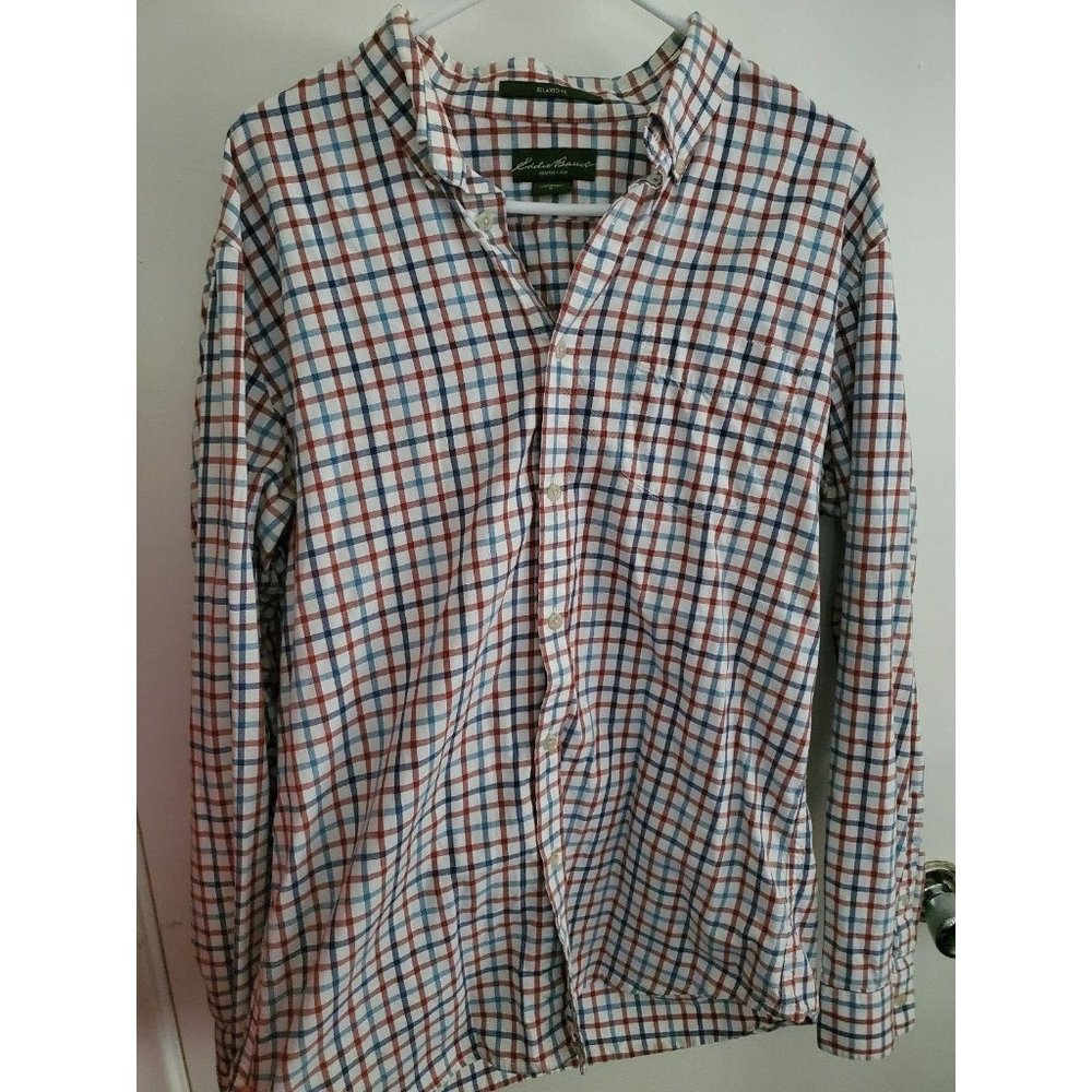 Eddie Bauer Medium Relaxed Fit Button Up Long-sleeve Red and Blue Plaid Shirt